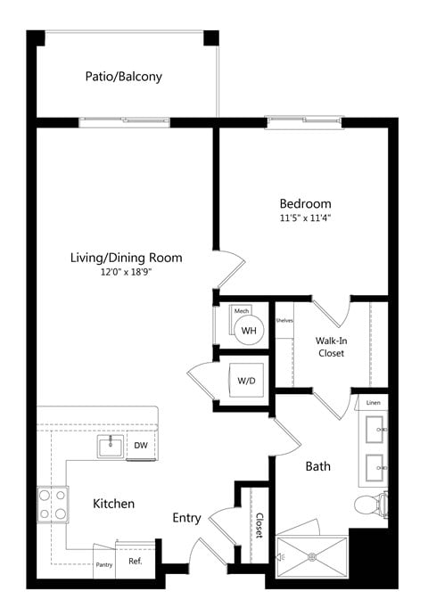 Floor plan for 1 bed, 1 bath, 771 sqft